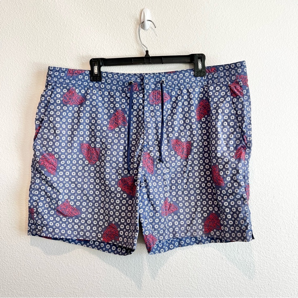 Tori Richard Men’s Swim Trunks 40 Navy Blue Red Leaf Dot Print Board Shorts